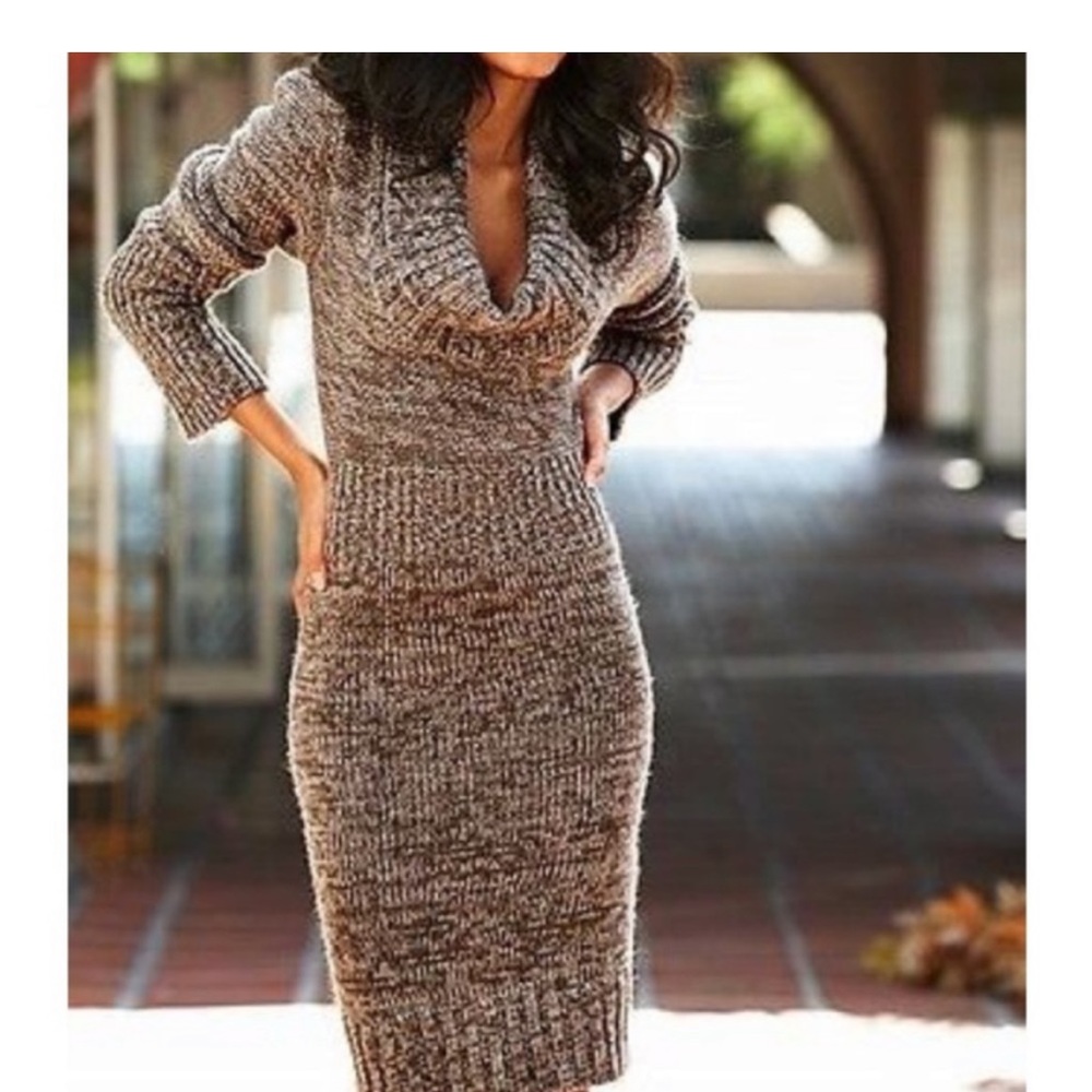 VINTAGE Victoria Secret Moda Wool MIDI Cowlneck Bodycon Sweater Dress